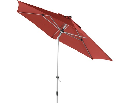 Rechthoekige, rode parasol met zilverkleurig frame