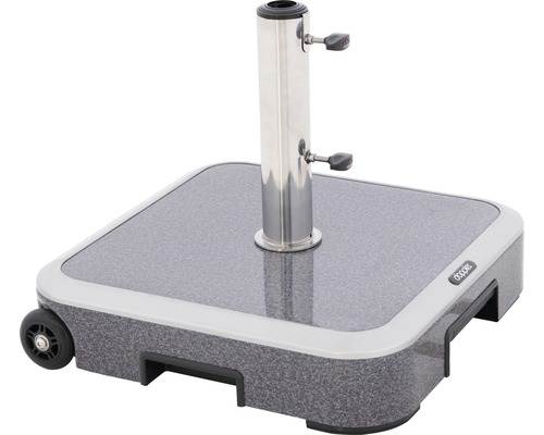 Vierkante parasolvoet met wielen en een metalen buis.