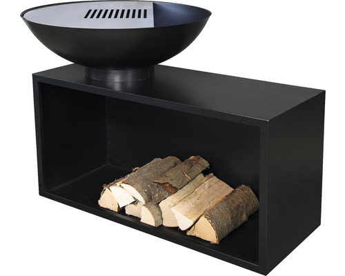 Vuurschaal met houten compartiment voor gebruik in de tuin