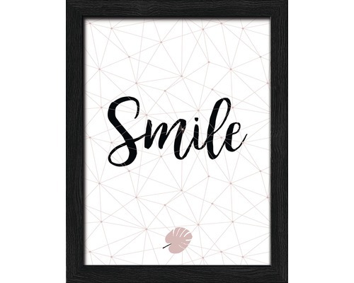 Ingelijste wanddecoratie met het woord Smile en een bladmotief