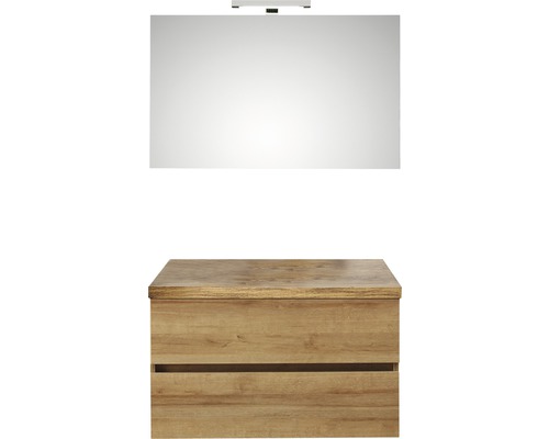 PELIPAL Badkamermeubelset Napoli met spiegel en wastafel 90 cm riviera eiken Wastafelmeubel met twee laden en spiegel met lamp voor de badkamer