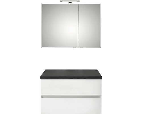 PELIPAL Badkamermeubelset Napoli 90 cm incl. spiegelkast wit hoogglans en bovenblad leisteen optiek