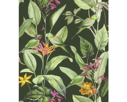 Behang met planten, bladeren en parkieten