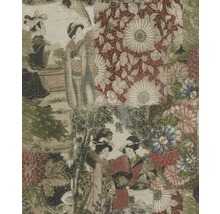 Stof met Aziatisch motief met bloemen en figuren