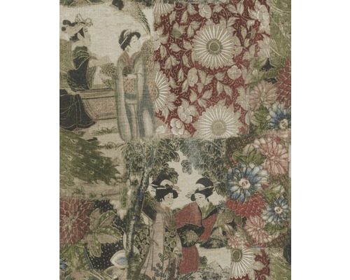 Stof met Aziatisch motief met bloemen en figuren