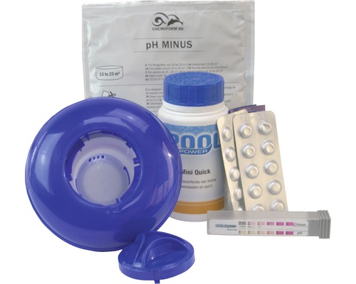 Zwembadonderhoudsset met pH-minus, chloortabletten, teststrips en doseerdrijver