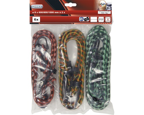 Zes bagagespanners met haken, diameter acht millimeter, lengtes 600, 800 en 1000 millimeter