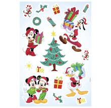 Kerstdecoratie met Disneyfiguren, waaronder Mickey Mouse, Minnie Mouse, Goofy en Donald Duck, plus kerstboom, cadeaus en hulst