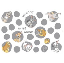 Illustratie met Disneyfiguren en de tekst ''Welkom op de wereld''