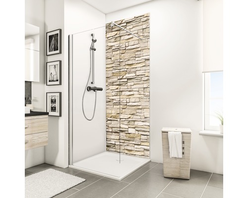 Inloopdouche met douchebak en achterwand met steenmotief