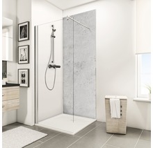 Badkamer met douchecabine, wastafelonderkast, wasmand en grijze tegels