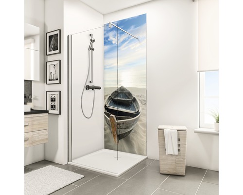 SCHULTE Doucheachterwand ExpressPlus DecoDesign grijs 210x90 cm Badkamer met douchecabine met bootmotief, wastafel, spiegel, wasmand en raam voor een heldere, georganiseerde ambiance.