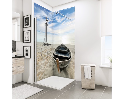 SCHULTE Doucheachterwand ExpressPlus DecoDesign grijs 210x90 cm Douchecabine met bootmotief in een badkamer.