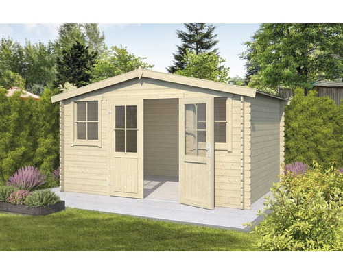 Houten tuinhuis met dubbele deur en ramen in de tuin