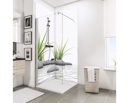 SCHULTE Doucheachterwand ExpressPlus DecoDesign wit 210x90 cm Badkamer met douchecabine, wastafel, spiegel en wasmand