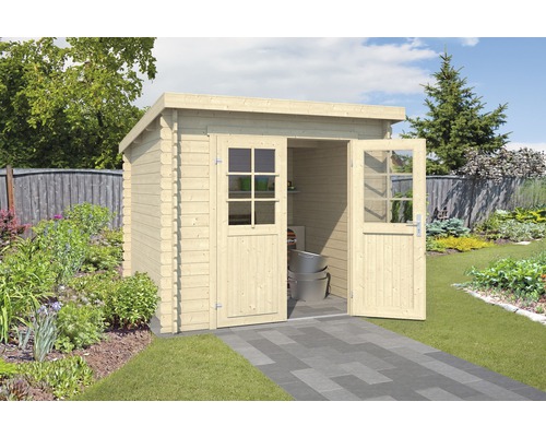 Houten tuinhuis met dubbele deur in tuin