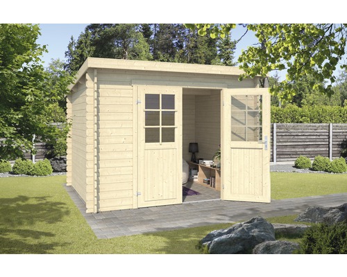 Houten tuinhuis met dubbele deur en ramen