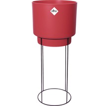 Rode plantenpot op een zwart metalen frame