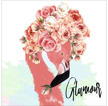 Illustratie van een flamingo met bloemenversiering en het woord Glamour