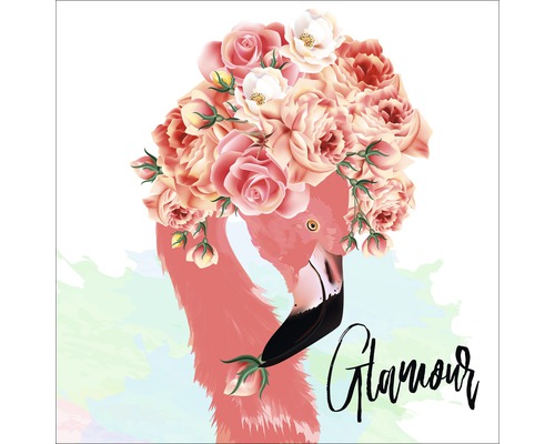 Illustratie van een flamingo met bloemenversiering en het woord Glamour