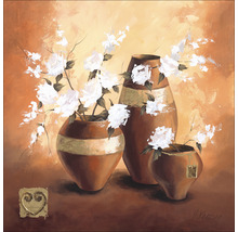 Schilderij met drie vazen en witte bloemen