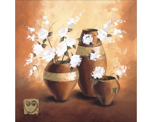 Schilderij met drie vazen en witte bloemen