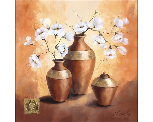 Schilderij met vazen en witte bloementakken