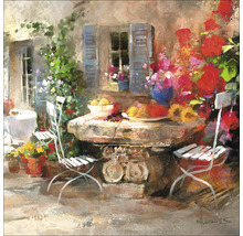 Schilderij van een tuinscène met tafel, stoelen en bloemen