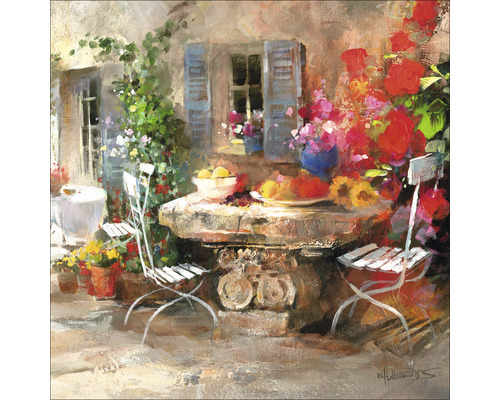 Schilderij van een tuinscène met tafel, stoelen en bloemen