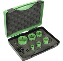 Gatenzagenset met verschillende maten in een groene kunststof koffer