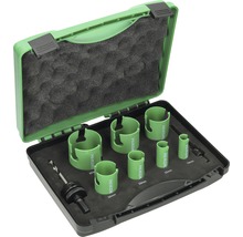 Hikoki gatzagenset in een groene koffer met verschillende maten.