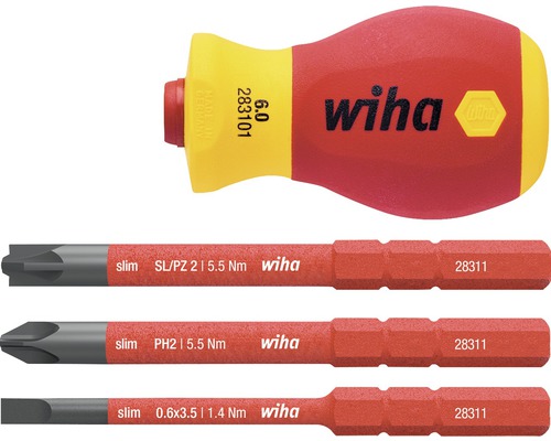 WIHA Schroevendraaier Stubby met bithouderset SlimVario Electric, 4-delig Wiha schroevendraaier met drie slim bits