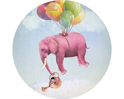 SPECIAL DECORATION Fotobehang vlies Olifant met ballonnen ø 95 cm Illustratie van een roze olifant die vliegt met ballonnen en een gieter vasthoudt