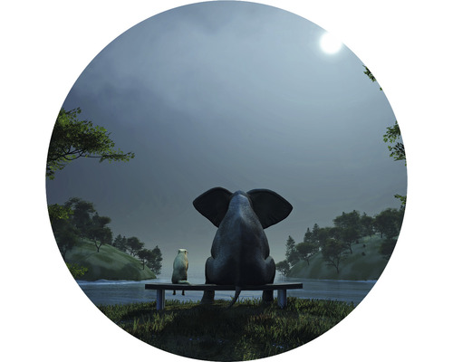 SPECIAL DECORATION Fotobehang vlies Olifant en hond II ø 95 cm Illustratie van een olifant en een hond die op een bank zitten en uitkijken over een meer