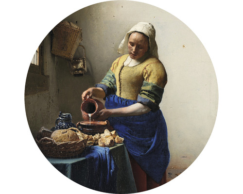 SPECIAL DECORATION Fotobehang vlies Vermeer Melkmeisje ø 95 cm Schilderij van een vrouw die melk in een kom giet, met brood en een mand op een tafel