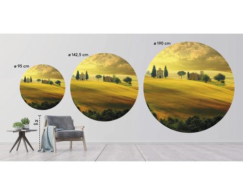 Drie ronde muurdecoraties met Toscaans landschap in de maten 95 cm, 142,5 cm en 190 cm