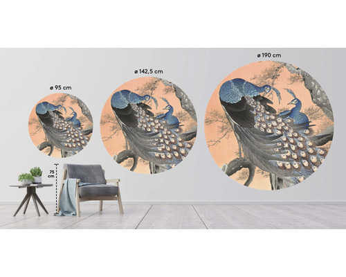 Illustratie van pauwen als muurschildering in drie verschillende maten met diameters van 95 centimeter, 142,5 centimeter en 190 centimeter.