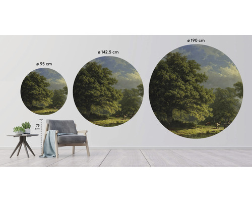 Drie ronde muurschilderingen met bosmotief in verschillende groottes, diameter 95 cm, 142,5 cm en 190 cm