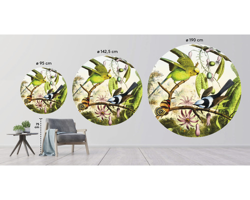 Drie wandcirkels met vogelmotieven in verschillende formaten, diameter 95 cm, 142,5 cm en 190 cm.