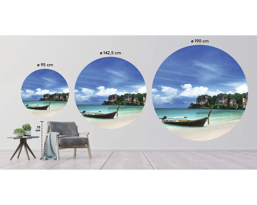 Drie ronde muurdecoraties met strandmotief, formaten 95 cm, 142,5 cm en 190 cm