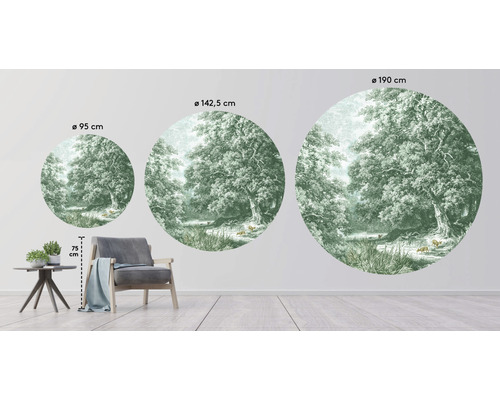 Illustratie van drie ronde muurdecoraties met bosmotieven in verschillende diameters