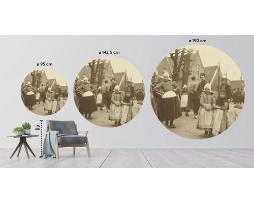 Muursticker met historisch motief in verschillende formaten weergegeven