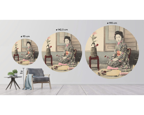 Illustratie van drie muurschilderingen met een Japans motief in verschillende groottes