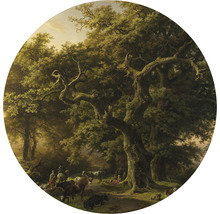 Schilderij van een bosscène met bomen en dieren