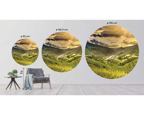 Drie ronde muurstickers met een landschapsafbeelding in de maten 95 cm, 142,5 cm en 190 cm