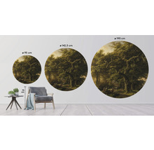 Drie wandcirkels met bosmotief in verschillende groottes: 95 cm, 142,5 cm en 190 cm.