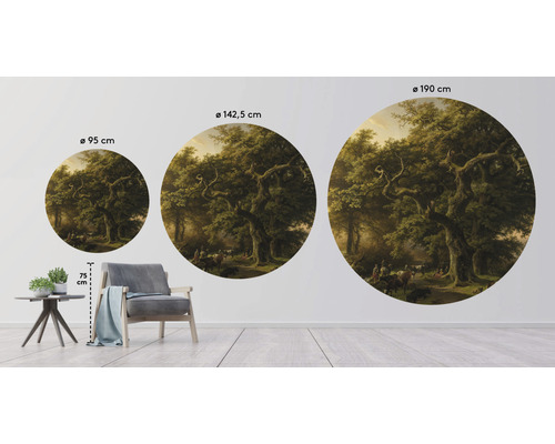 Drie wandcirkels met bosmotief in verschillende groottes: 95 cm, 142,5 cm en 190 cm.