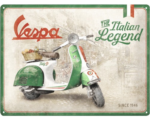 Metalen bord met Vespa motief, opschrift: The Italian Legend