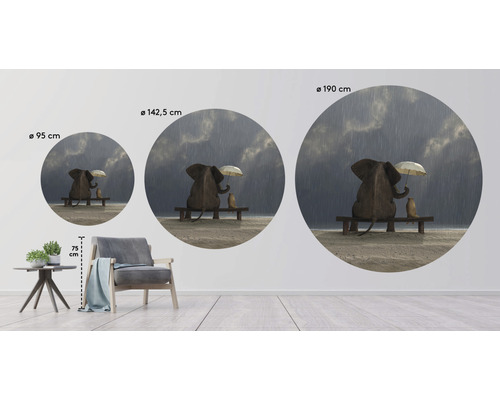 Illustratie van muurstickers in drie verschillende formaten met olifant en stokstaartje in de regen