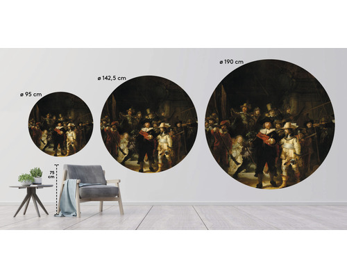 Decoratieve muurcirkel met het schilderij ''De Nachtwacht'' in drie verschillende formaten